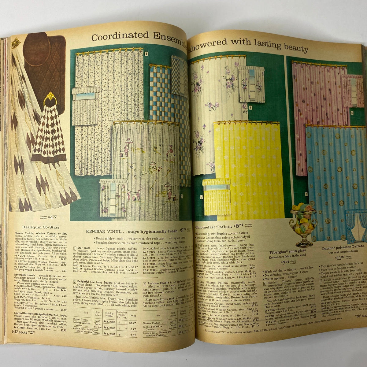 Page from the 1960 Sears Roebuck and Co. Illinois Spring through Summer Catalog displaying various coordinated curtains and shower curtains, highlighting fabric designs and prices.