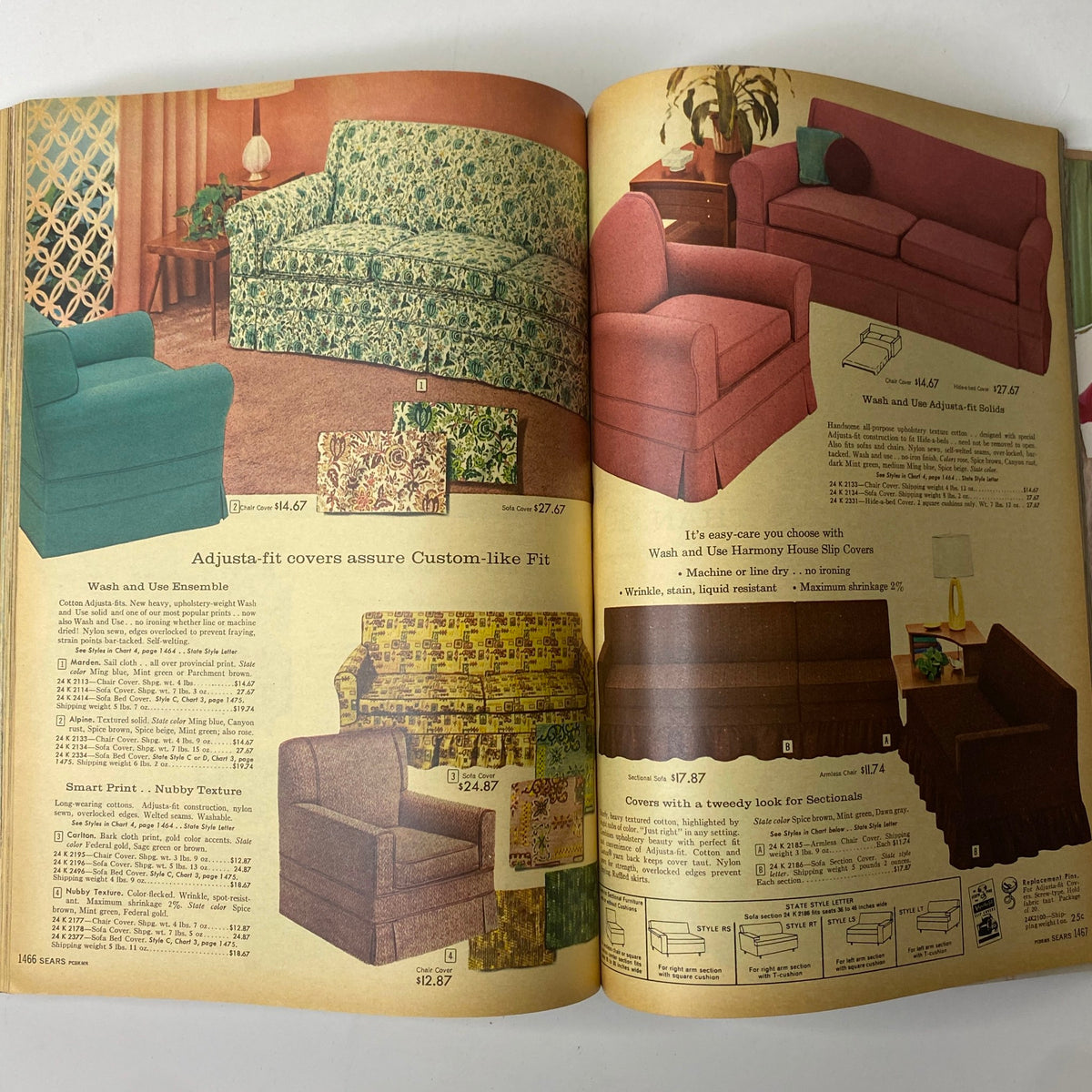 Interior image from the 1960 Sears Roebuck and Co. Illinois Spring through Summer Catalog presenting a selection of adjustable slipcovers for sofas and chairs with detailed pricing.