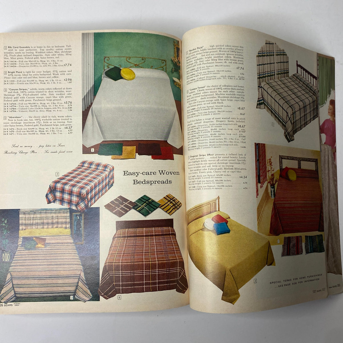 Image from the 1960 Sears Roebuck and Co. Illinois Spring through Summer Catalog featuring a variety of bedspreads and related items, along with pricing information.