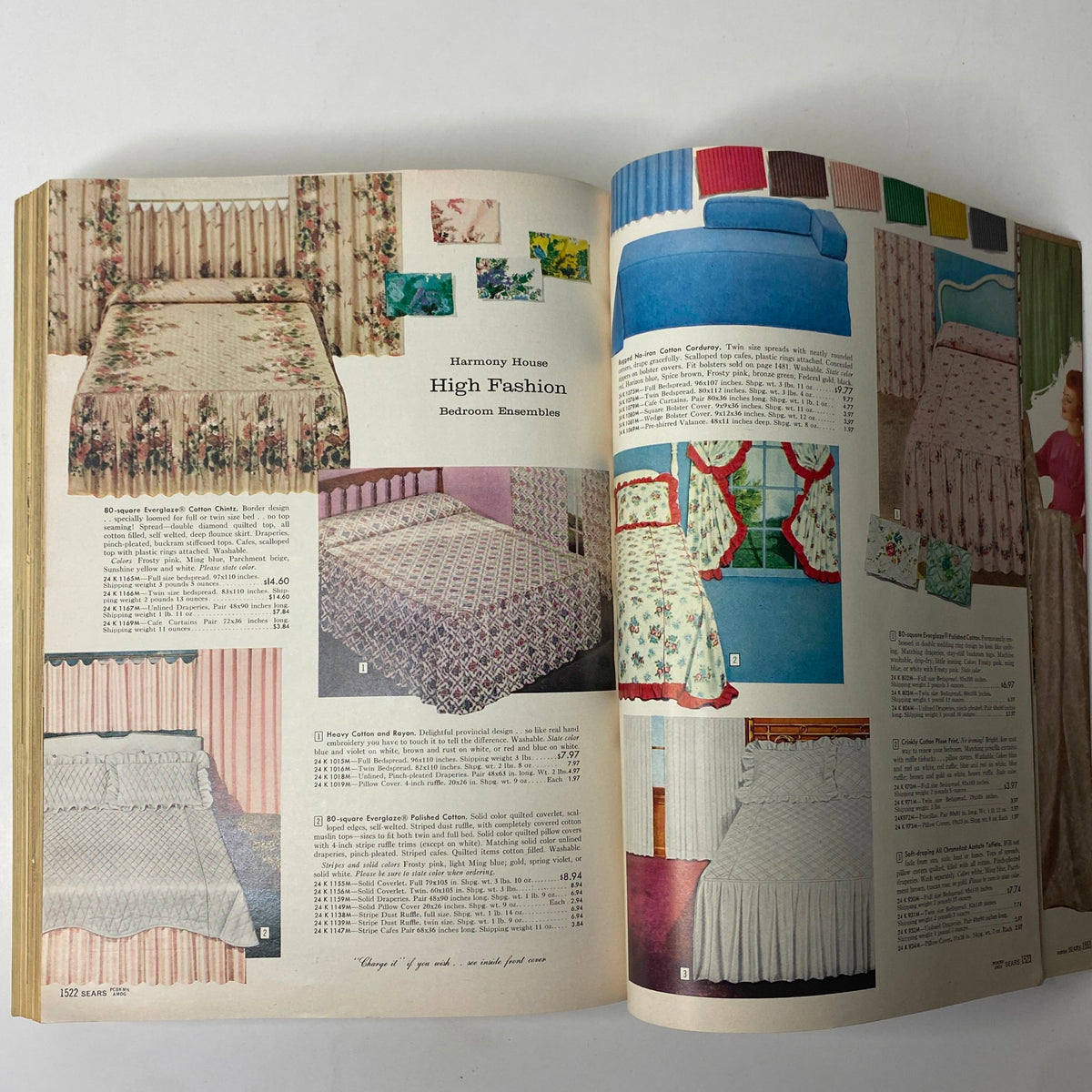 1960 Sears Roebuck and Co. Illinois Spring through Summer Catalog featuring Harmony House High Fashion Bedroom Ensembles with various bedspread patterns and designs.