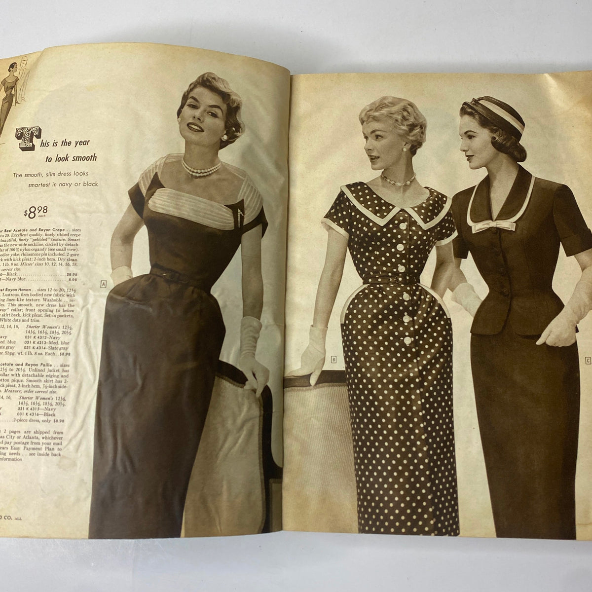 Inside pages of the 1955 Sears Roebuck and Co. Spring and Summer Catalog showcasing three vintage dress styles on models, capturing mid-century fashion.