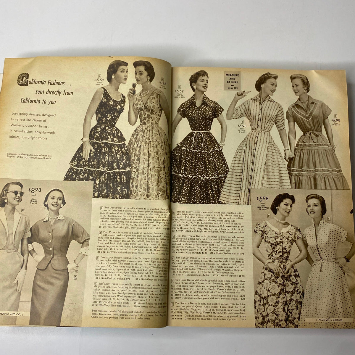 Inside pages of the 1955 Sears Roebuck and Co. Spring and Summer Catalog featuring various California-inspired dresses, highlighting vibrant designs and styles.