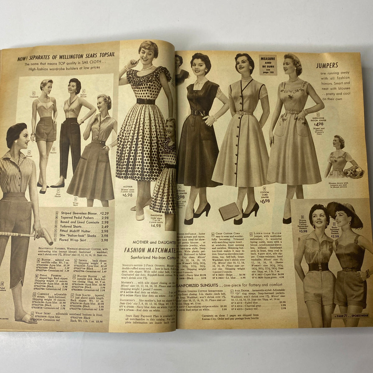 Inside pages featuring vintage fashion styles from the 1955 Sears Roebuck and Co. Spring and Summer Catalog, including dresses and jumpers.