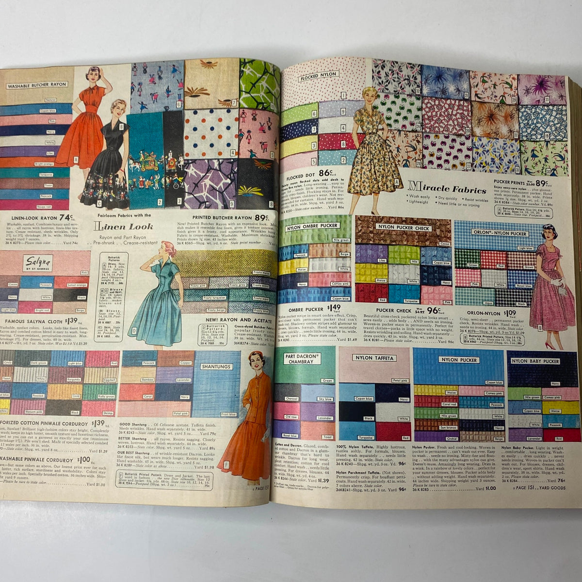 Colorful fabric swatches and clothing styles displayed in the 1955 Sears Roebuck and Co. Spring and Summer Catalog, showcasing mid-century fashion.
