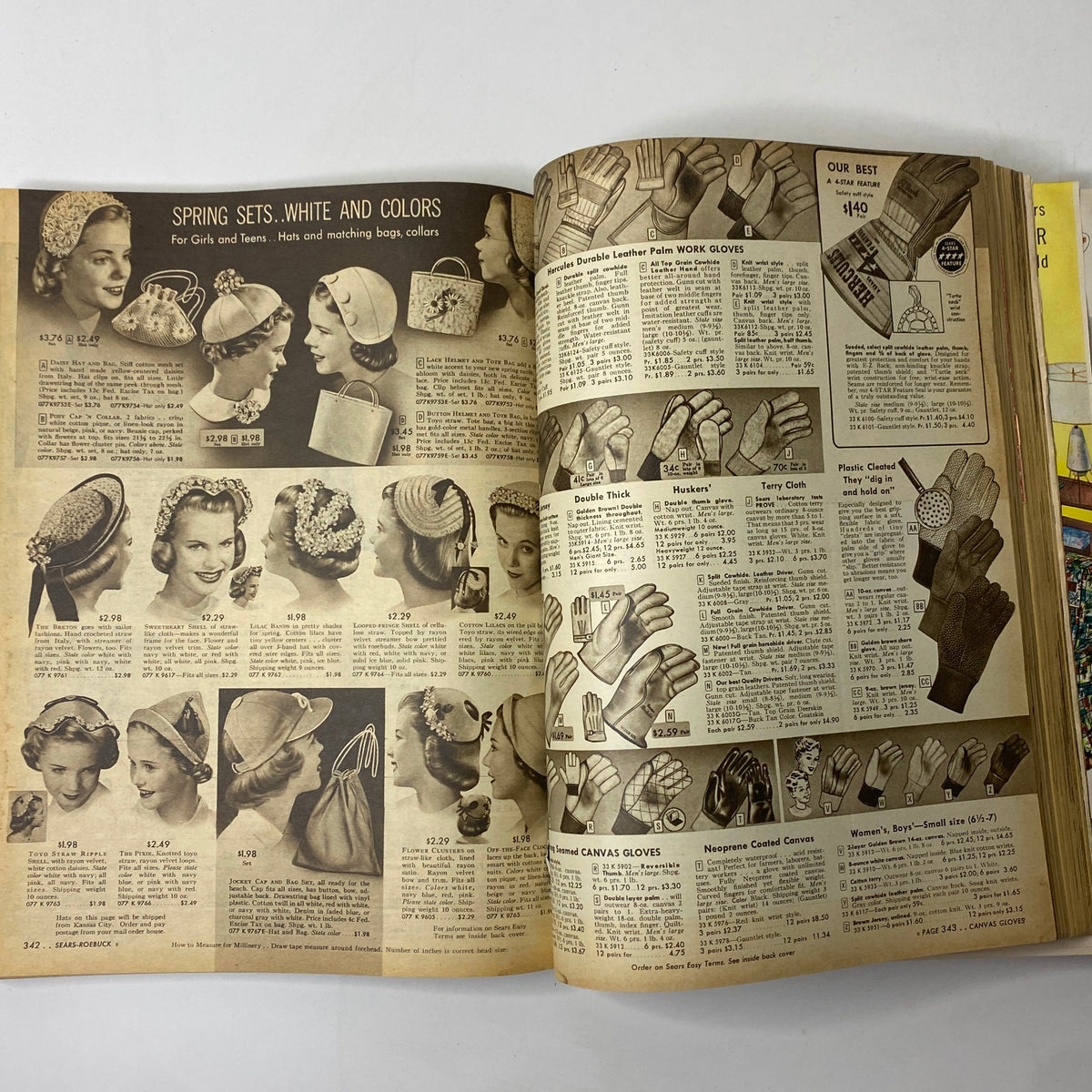 Spring accessories including hats and gloves from the 1955 Sears Roebuck and Co. Spring and Summer Catalog, highlighting vintage women's fashion items.