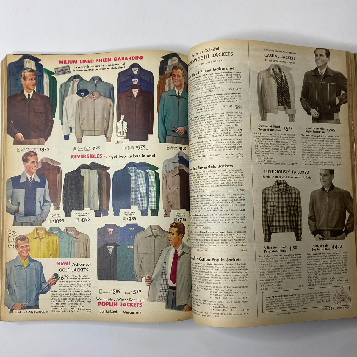 1955 Sears Roebuck and Co. Spring and Summer Catalog showcasing a variety of men's jackets, including casual and reversible designs, illustrating mid-century fashion trends.