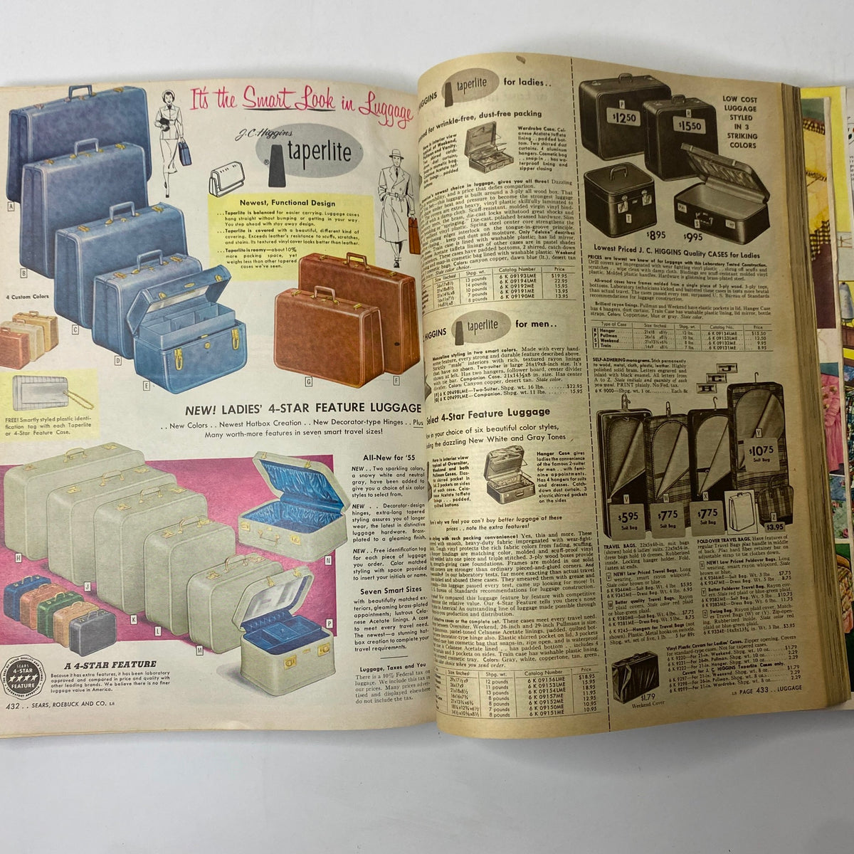 1955 Sears Roebuck and Co. Spring and Summer Catalog featuring an array of stylish luggage options for ladies, highlighting functional designs and a variety of colors.
