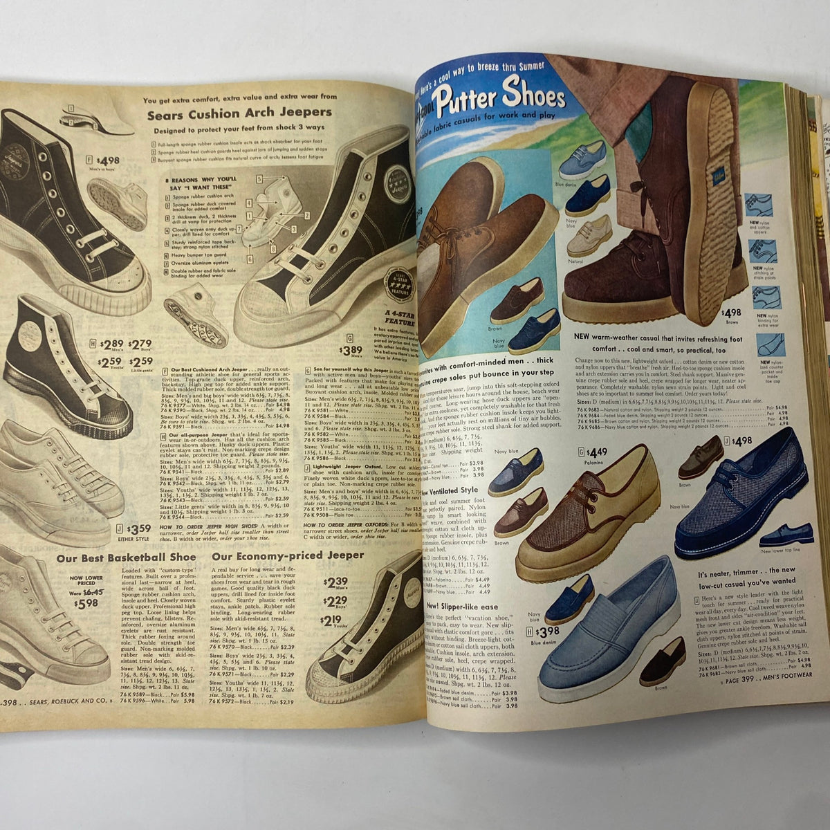 1955 Sears Roebuck and Co. Spring and Summer Catalog presenting a range of casual and athletic shoes, emphasizing 1950s footwear styles.