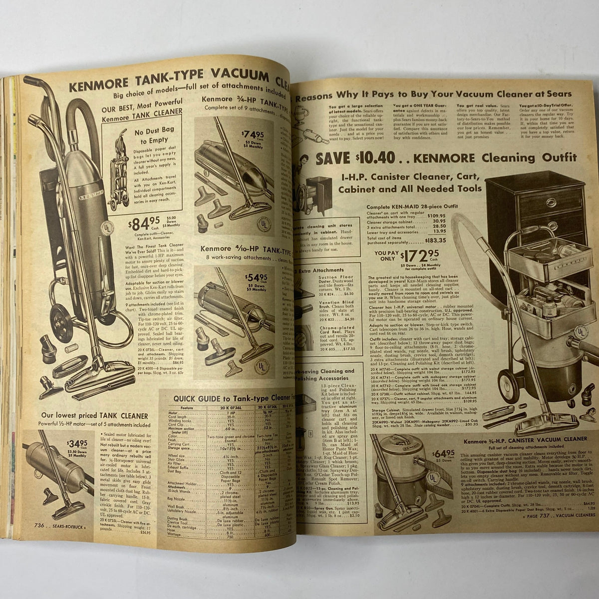 1955 Sears Roebuck and Co. Spring and Summer Catalog featuring Kenmore vacuum cleaners and accessories, highlighting home appliance innovations from the era.