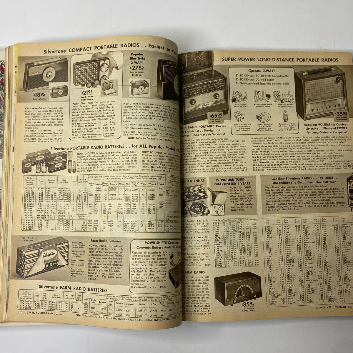 Vintage advertisement from the 1955 Sears Roebuck and Co. Spring and Summer Catalog showcasing Silvertone Portable Radios with various models and prices.