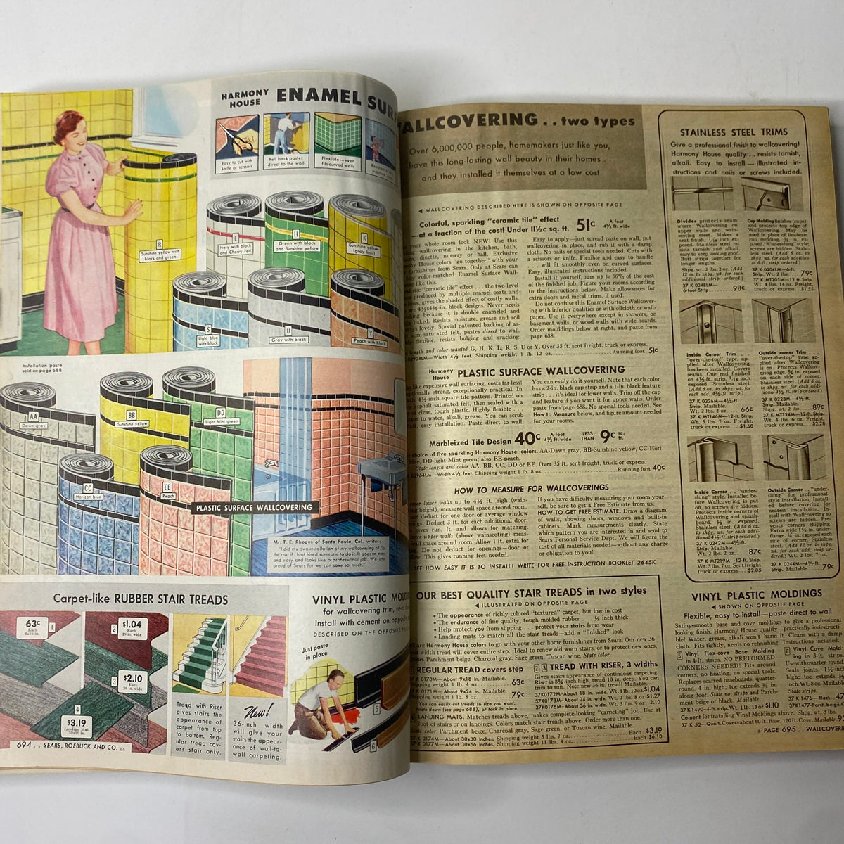 Interior design options in the 1955 Sears Roebuck and Co. Spring and Summer Catalog featuring colorful enamel wall coverings and rubber stair treads.