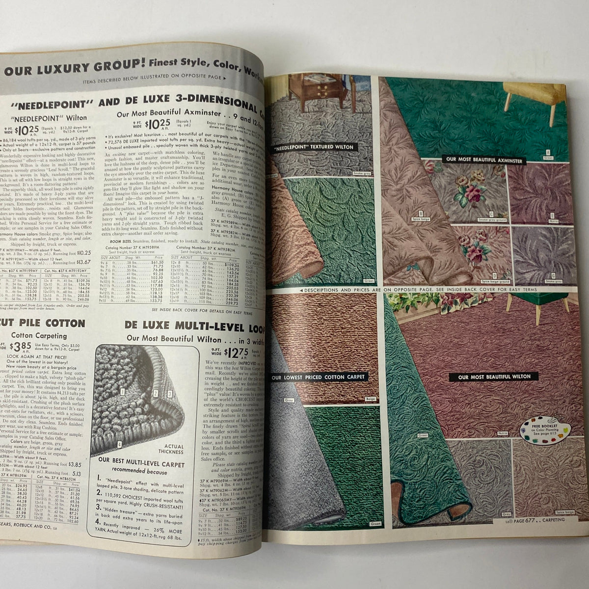 A selection of luxury carpets presented in the 1955 Sears Roebuck and Co. Spring and Summer Catalog displaying various style and color choices.