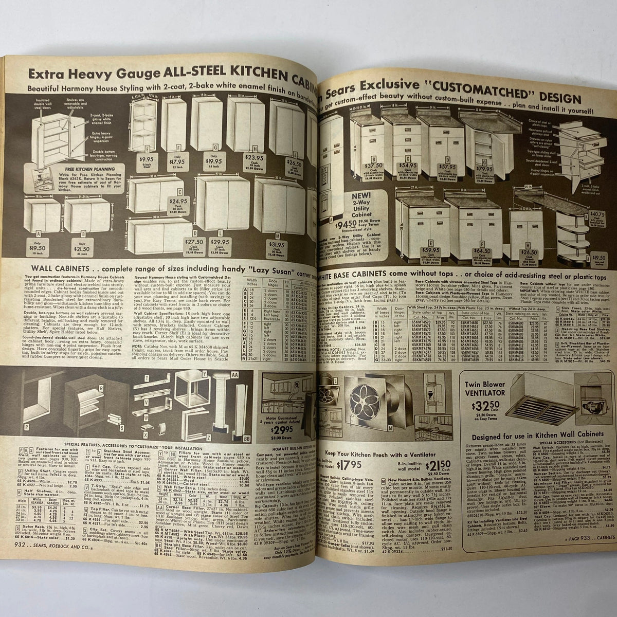 Kitchen cabinetry options from the 1955 Sears Roebuck and Co. Spring and Summer Catalog highlighting all-steel kitchen cabinets and custom design features.