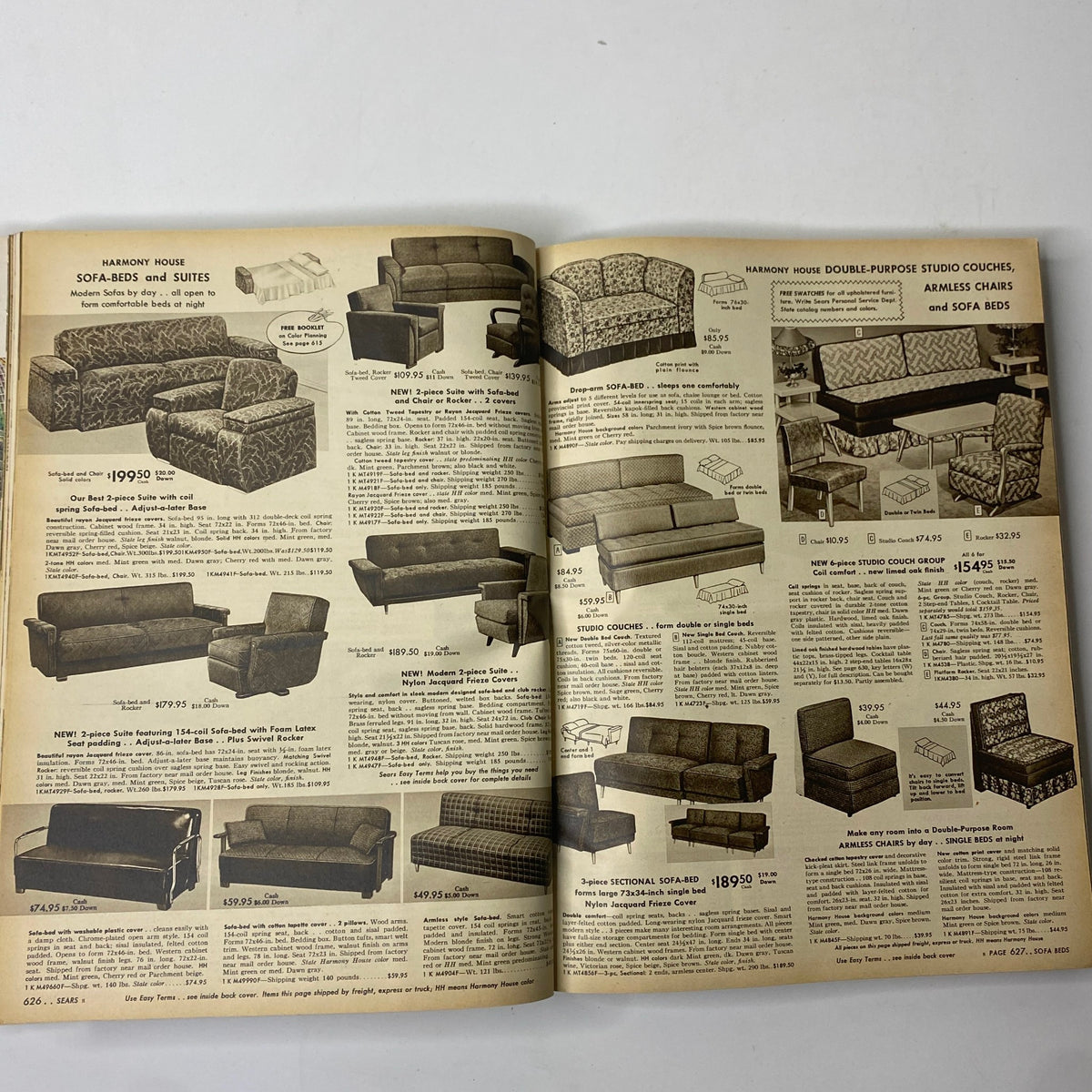Sofa beds and suites featured in the 1955 Sears Roebuck and Co. Spring and Summer Catalog, illustrating mid-century modern furniture styles.