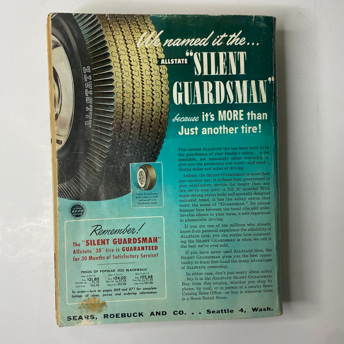 Back cover of the 1955 Sears Roebuck and Co. Spring and Summer Catalog featuring the Allstate Silent Guardsman tire advertisement with pricing details.