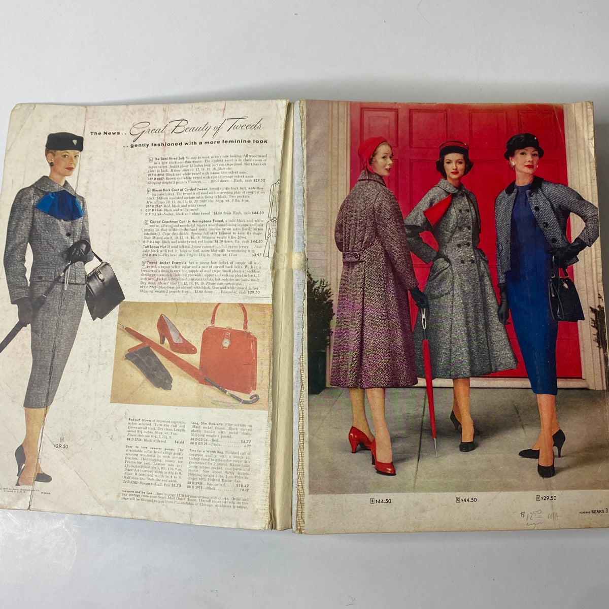 Interior page of the 1957 Sears Roebuck and Co. Fall and Winter Catalog highlighting stylish tweed coats and accessories for women.