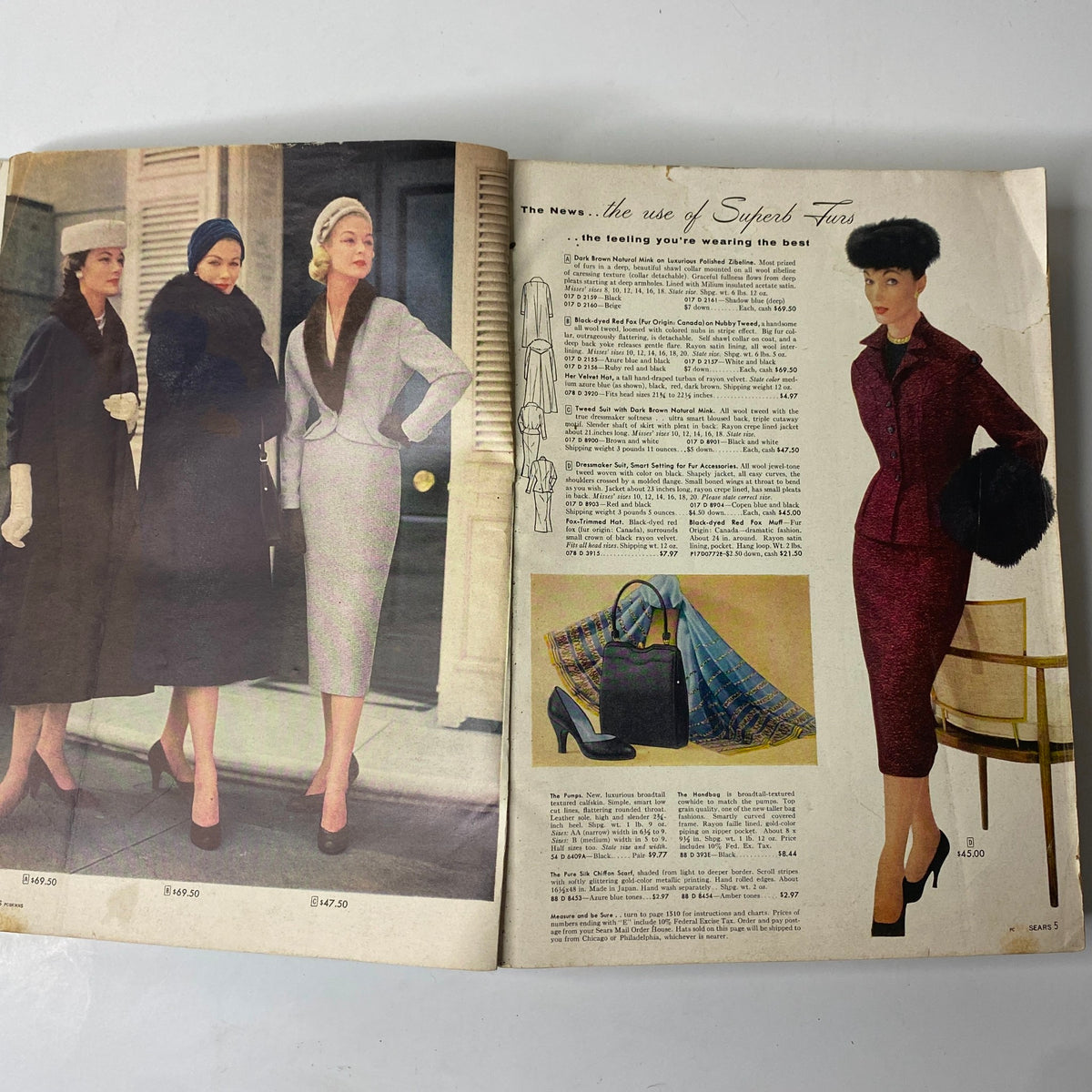 Another interior page of the 1957 Sears Roebuck and Co. Fall and Winter Catalog showcasing elegant vintage fashion styles with detailed descriptions.