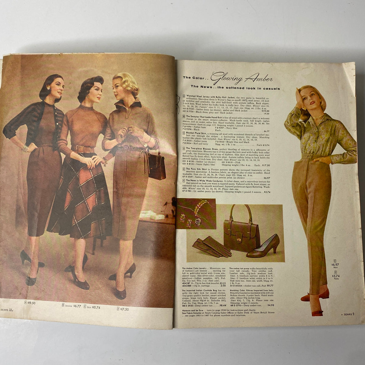 1957 Sears Roebuck and Co. Fall and Winter Catalog featuring stylish women’s outfits, showcasing fitted dresses and chic accessories from the mid-century era.
