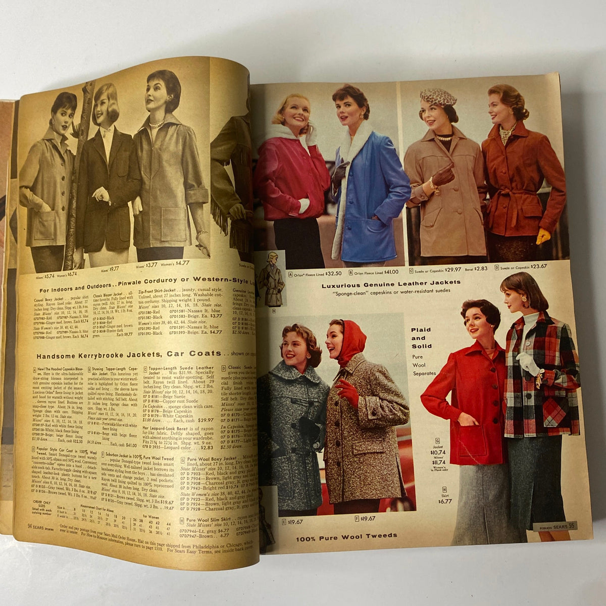 1957 Sears Roebuck and Co. Fall and Winter Catalog displaying a variety of fashionable coats and jackets for women, highlighting classic mid-century styles.