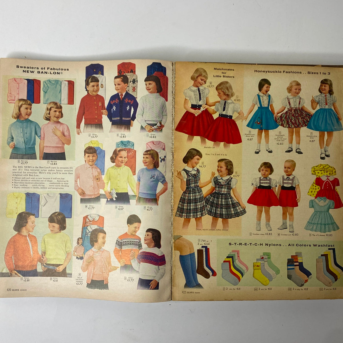 1957 Sears Roebuck and Co. Fall and Winter Catalog showcasing children’s clothing with vibrant styles and playful designs typical of mid-century fashion.