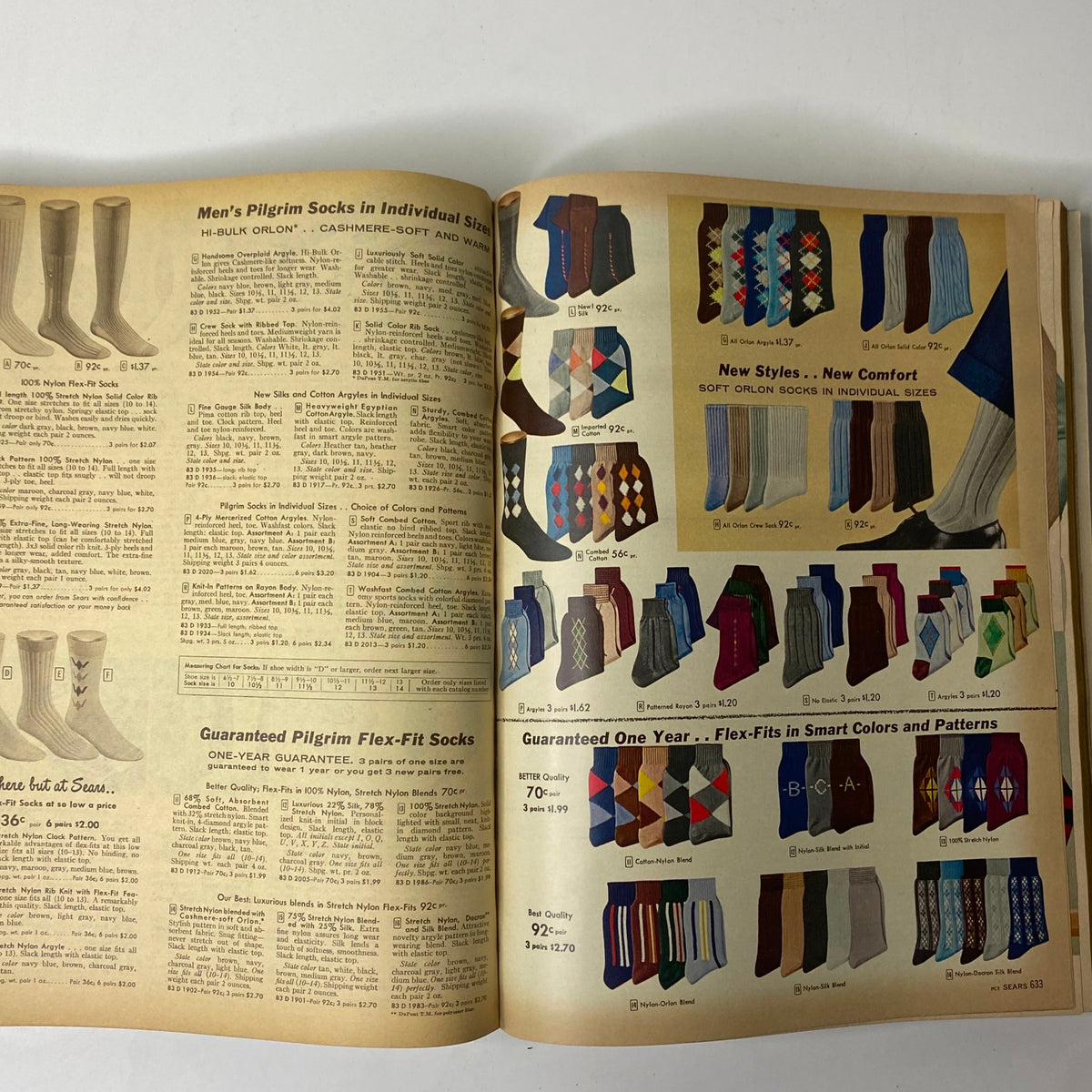 Page showcasing men's socks from the 1957 Sears Roebuck and Co. Fall and Winter Catalog, featuring various styles and prices for Pilgrim socks in individual sizes.