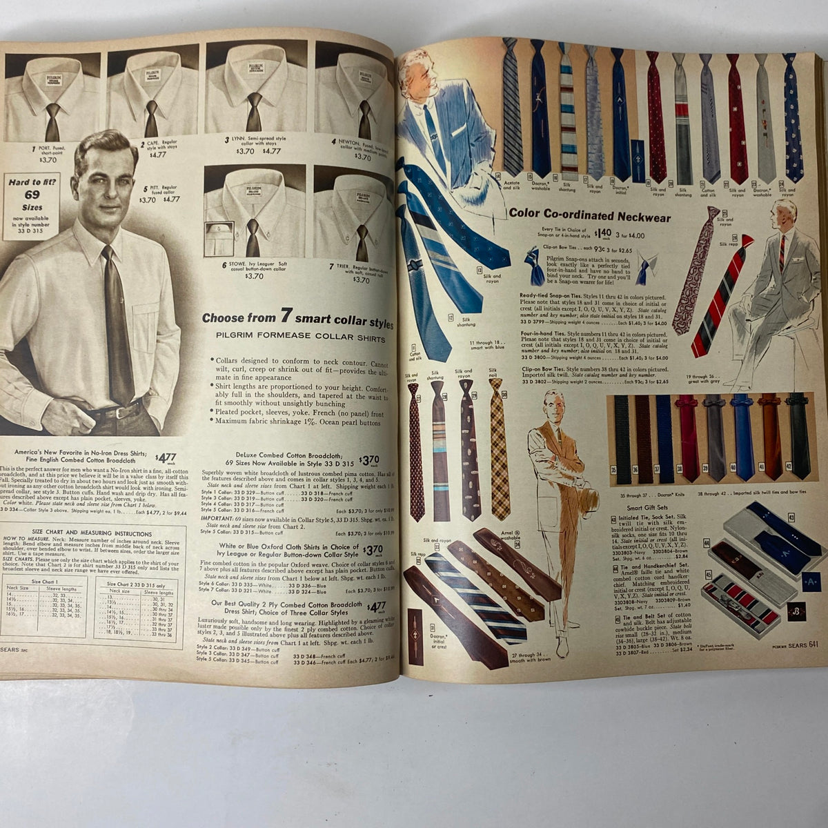 Page displaying Pilgrim collar shirts and neckties from the 1957 Sears Roebuck and Co. Fall and Winter Catalog, highlighting a range of styles and prices.