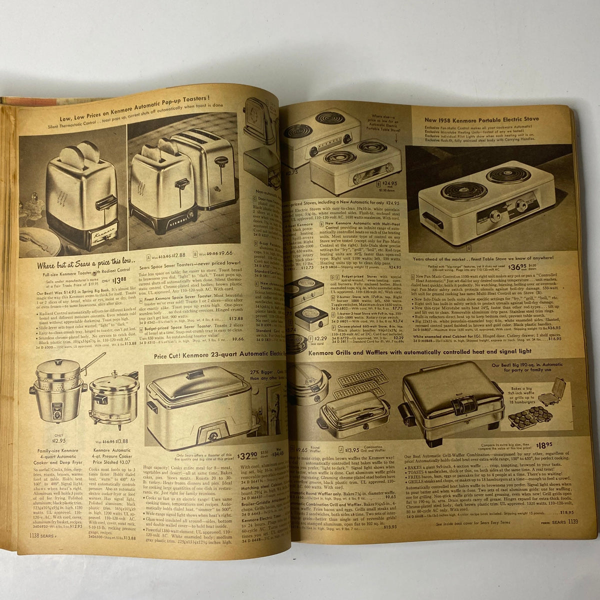 Page presenting kitchen appliances from the 1957 Sears Roebuck and Co. Fall and Winter Catalog, showcasing Kenmore products with descriptions and pricing.
