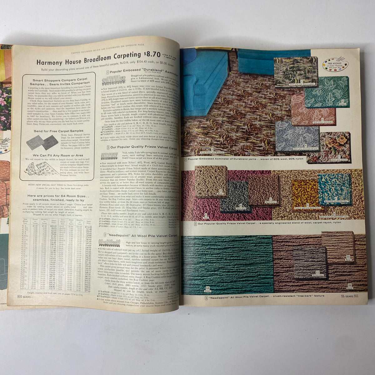 Page from the 1957 Sears Roebuck and Co. Fall and Winter Catalog featuring Harmony House broadloom carpeting options priced at $8.70, showcasing various carpet samples and descriptions.
