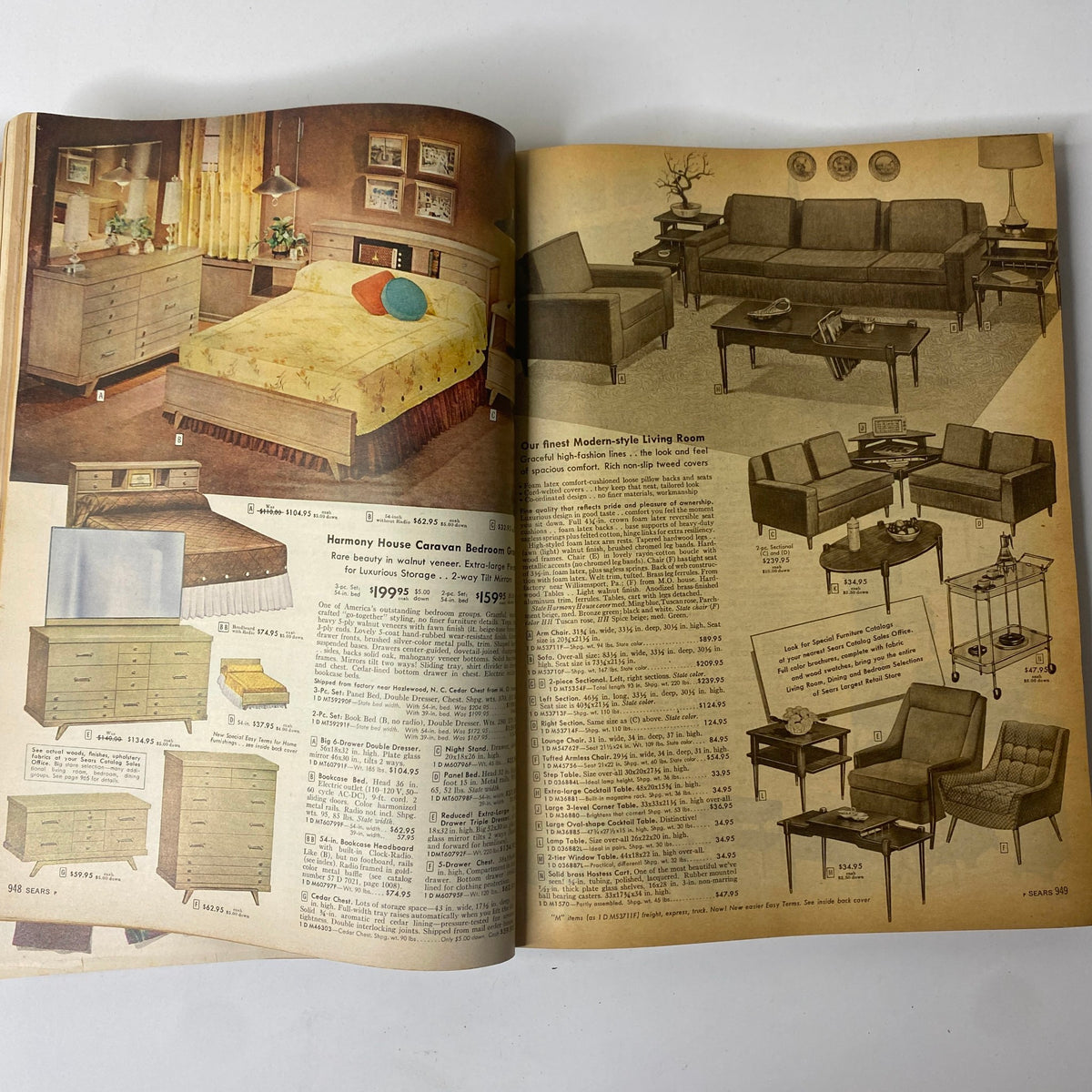 Interior page of the 1957 Sears Roebuck and Co. Fall and Winter Catalog displaying furniture items including Harmony House Caravan Bedroom set and modern-style living room arrangements with pricing.