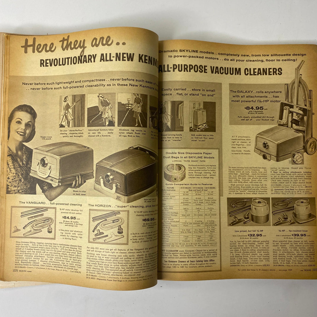 Page illustrating the revolutionary Kenmore all-purpose vacuum cleaners from the 1957 Sears Roebuck and Co. Fall and Winter Catalog, featuring various models and prices.