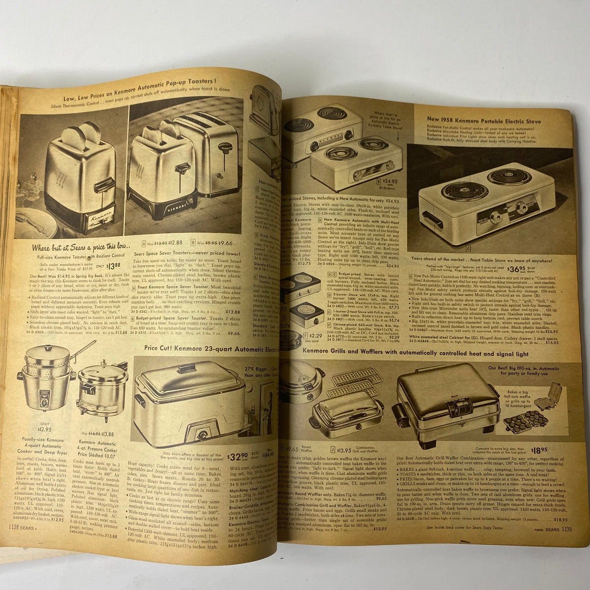 Page showing Kenmore kitchen appliances including toasters, electric stoves, and cooking devices from the 1957 Sears Roebuck and Co. Fall and Winter Catalog with listed prices.