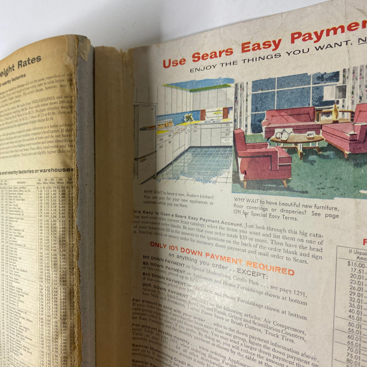 Interior page of the 1957 Sears Roebuck and Co. Fall and Winter Catalog showing kitchen furniture advertisement and payment options.