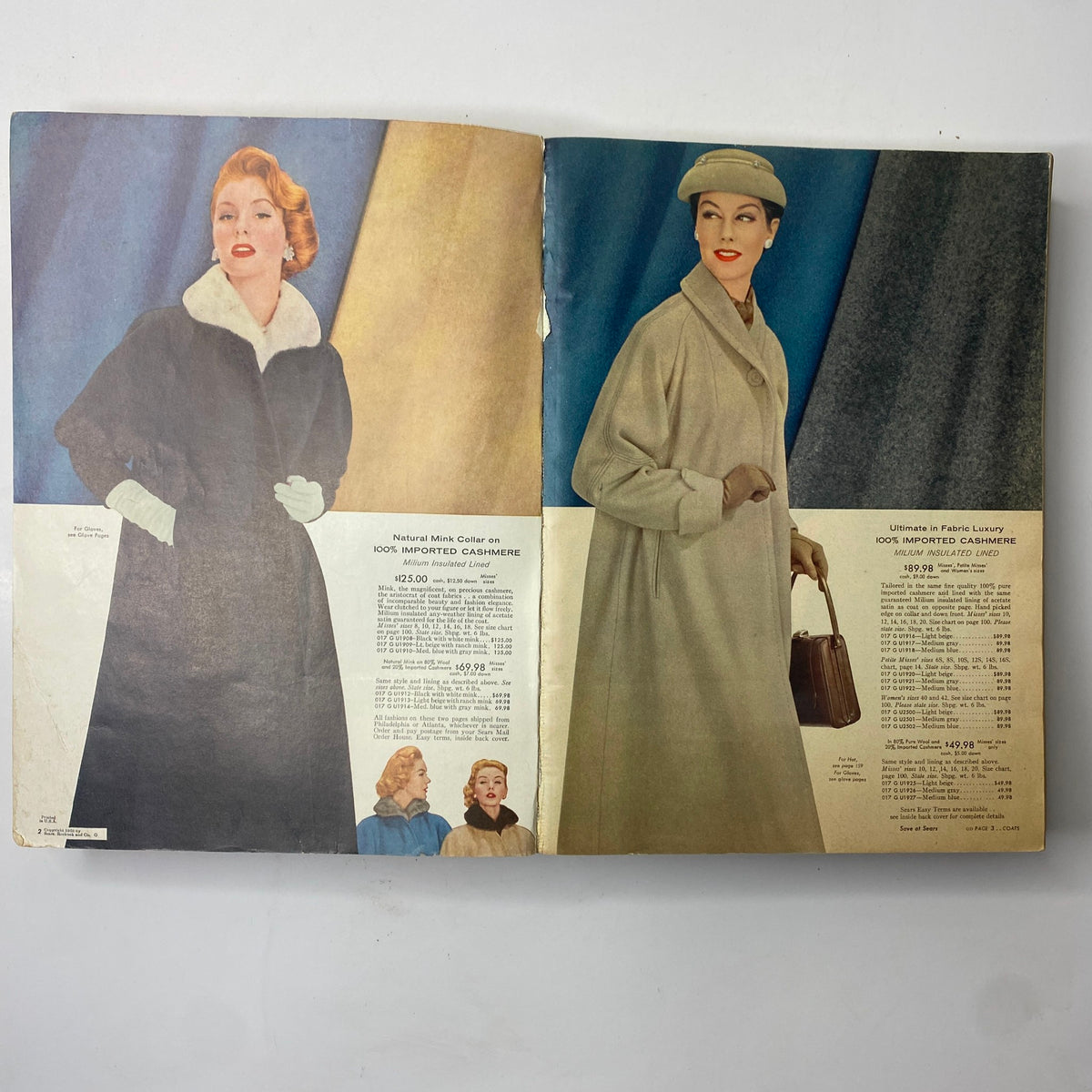 Colorful spread featuring models in luxurious cashmere coats from the 1956 Sears Roebuck and Co. Fall and Winter Catalog, showcasing mid-century fashion.
