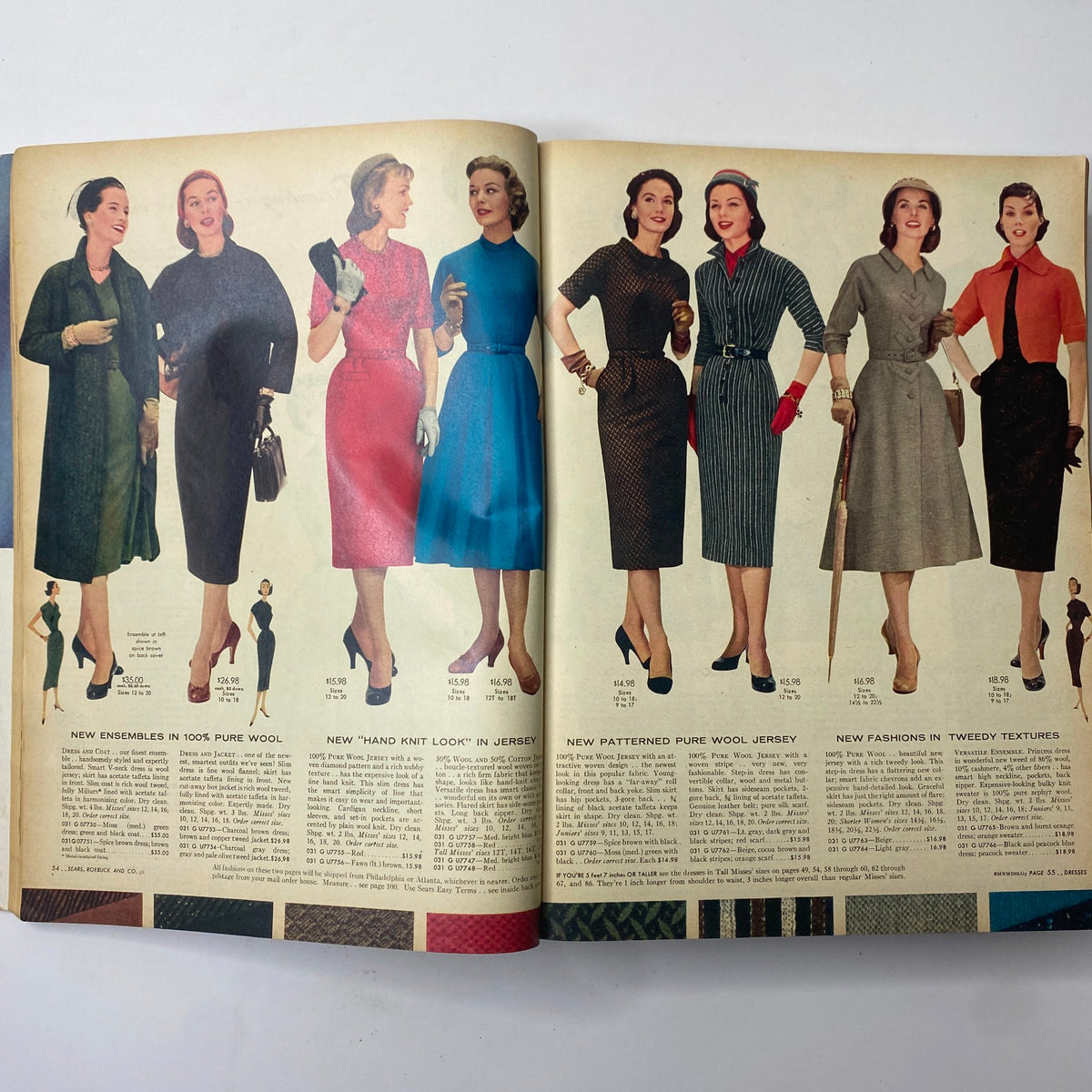 Collection of dresses featured in the 1956 Sears Roebuck and Co. Fall and Winter Catalog, capturing the essence of 1950s fashion trends with rich textures and styles.