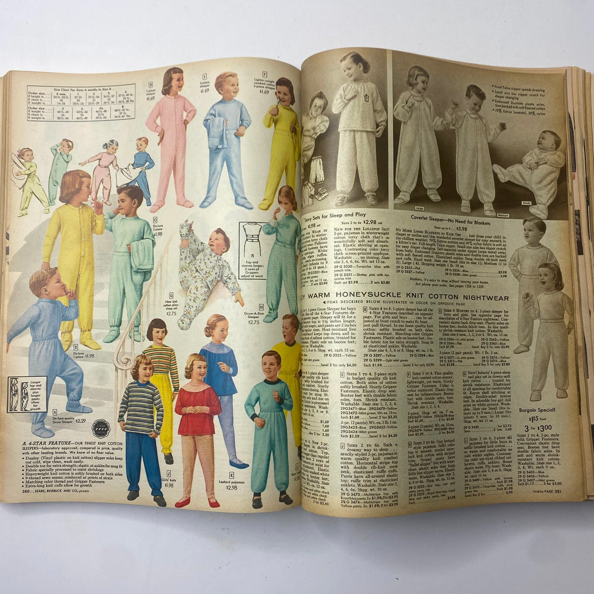 Page from the 1956 Sears Roebuck and Co. Fall and Winter Catalog displaying children's sleepwear options featuring playful designs and vibrant colors.