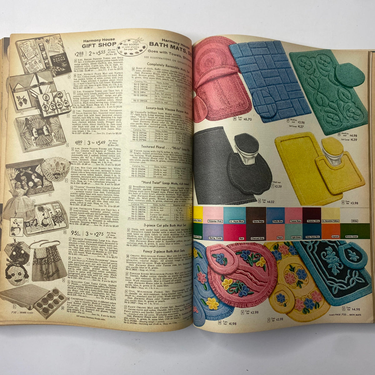 Page from the 1956 Sears Roebuck and Co. Fall and Winter Catalog showcasing a variety of bath mats and household gifts, highlighting colorful design options.