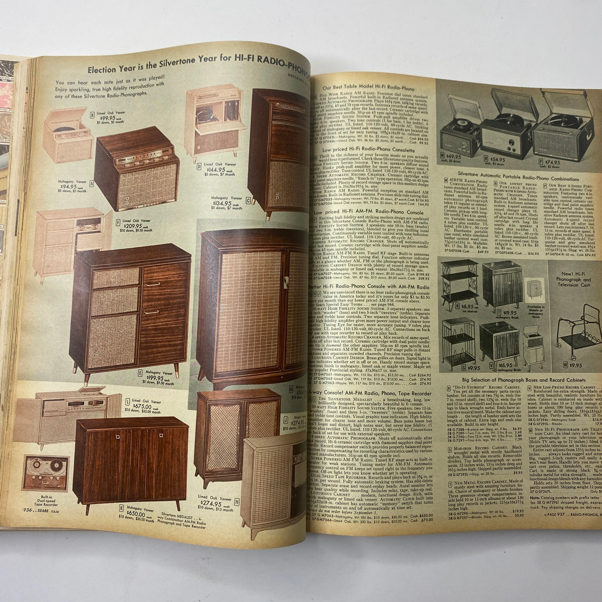 Page from the 1956 Sears Roebuck and Co. Fall and Winter Catalog featuring an array of vintage Hi-Fi radio-phono combinations and furniture.