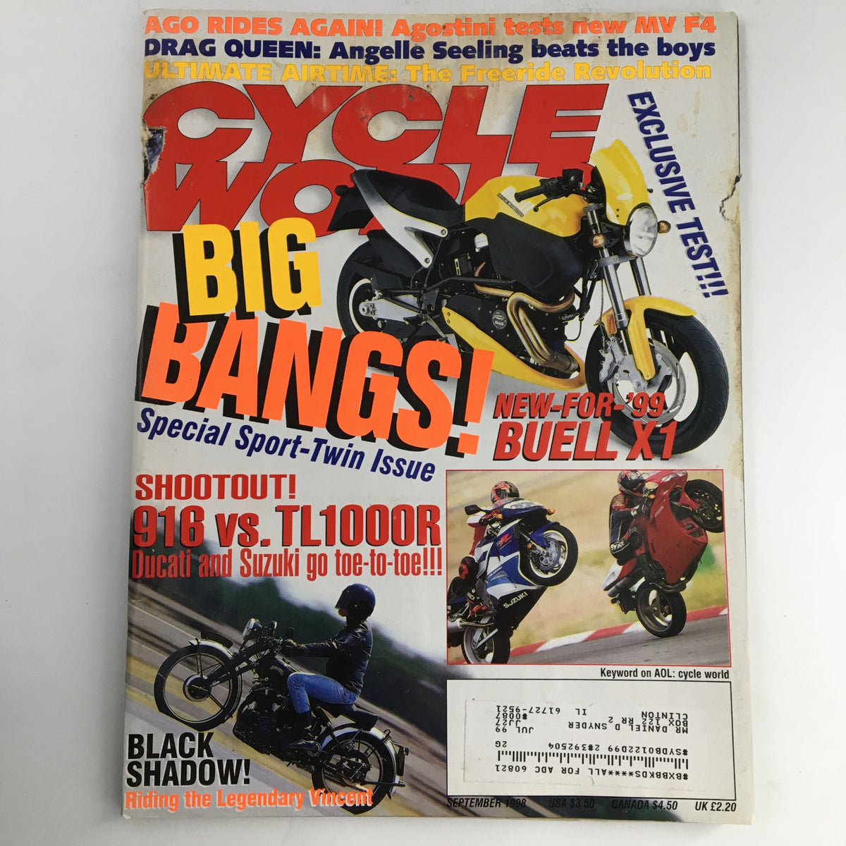 Cover of Cycle World Magazine September 1998 featuring Ducati 916 vs Suzuki TL1000R & Buell X-1 with bold text highlighting the shootout and special sport-twin issue.