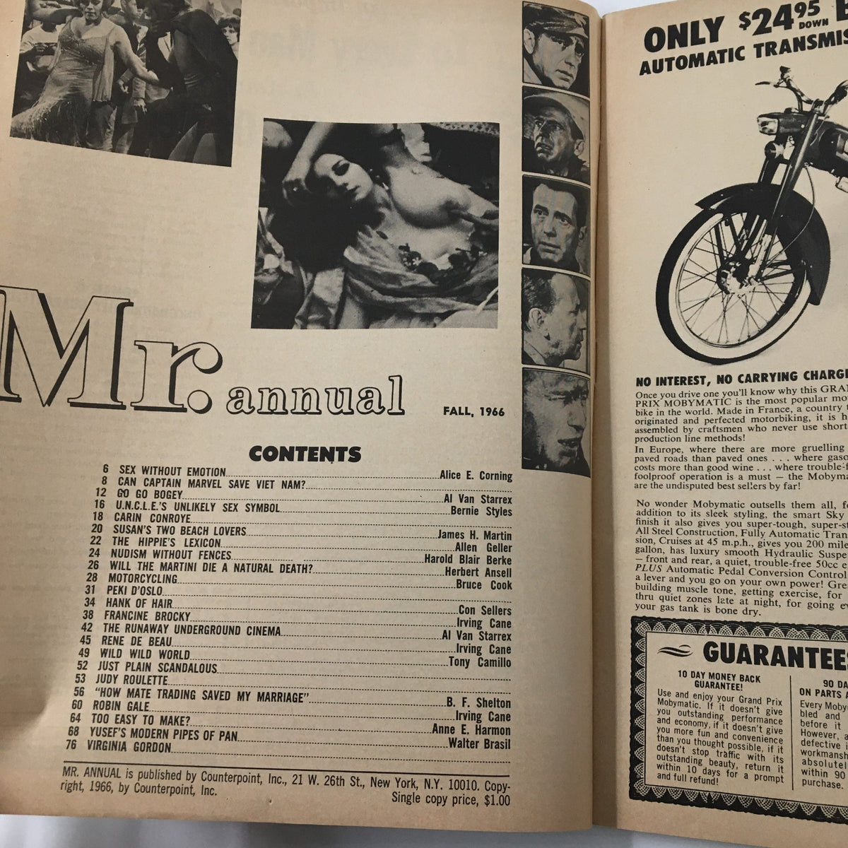 Inside page of VTG Mr. Annual Magazine Fall 1966 displaying the table of contents with articles and features from the era, reflecting 1960s societal themes.