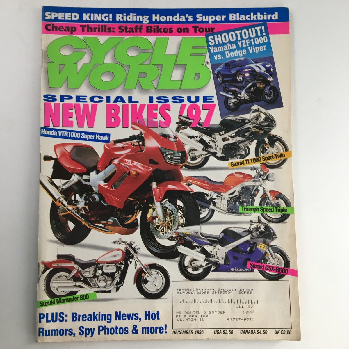 Cover of Cycle World Magazine December 1996 featuring Honda VTR1000 Super Hawk and Suzuki TL1000 S-T. Highlights include 'New Bikes 97' and articles on high-performance motorcycles.