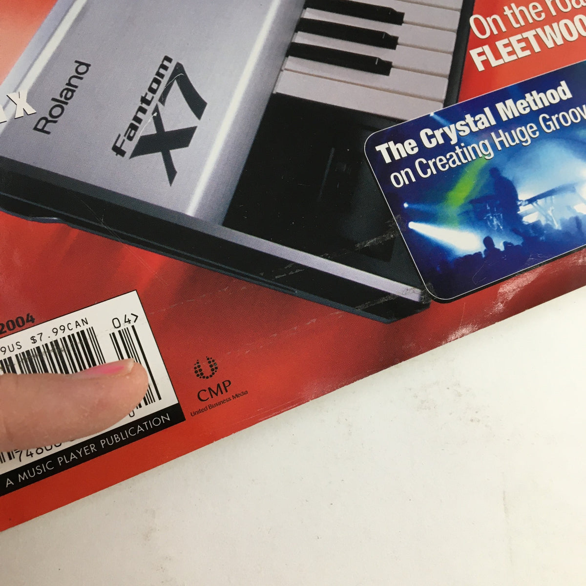 Close-up view of the barcode and promotional tag on the cover of Keyboard Magazine April 2004, highlighting features related to Fleetwood Mac and music production.