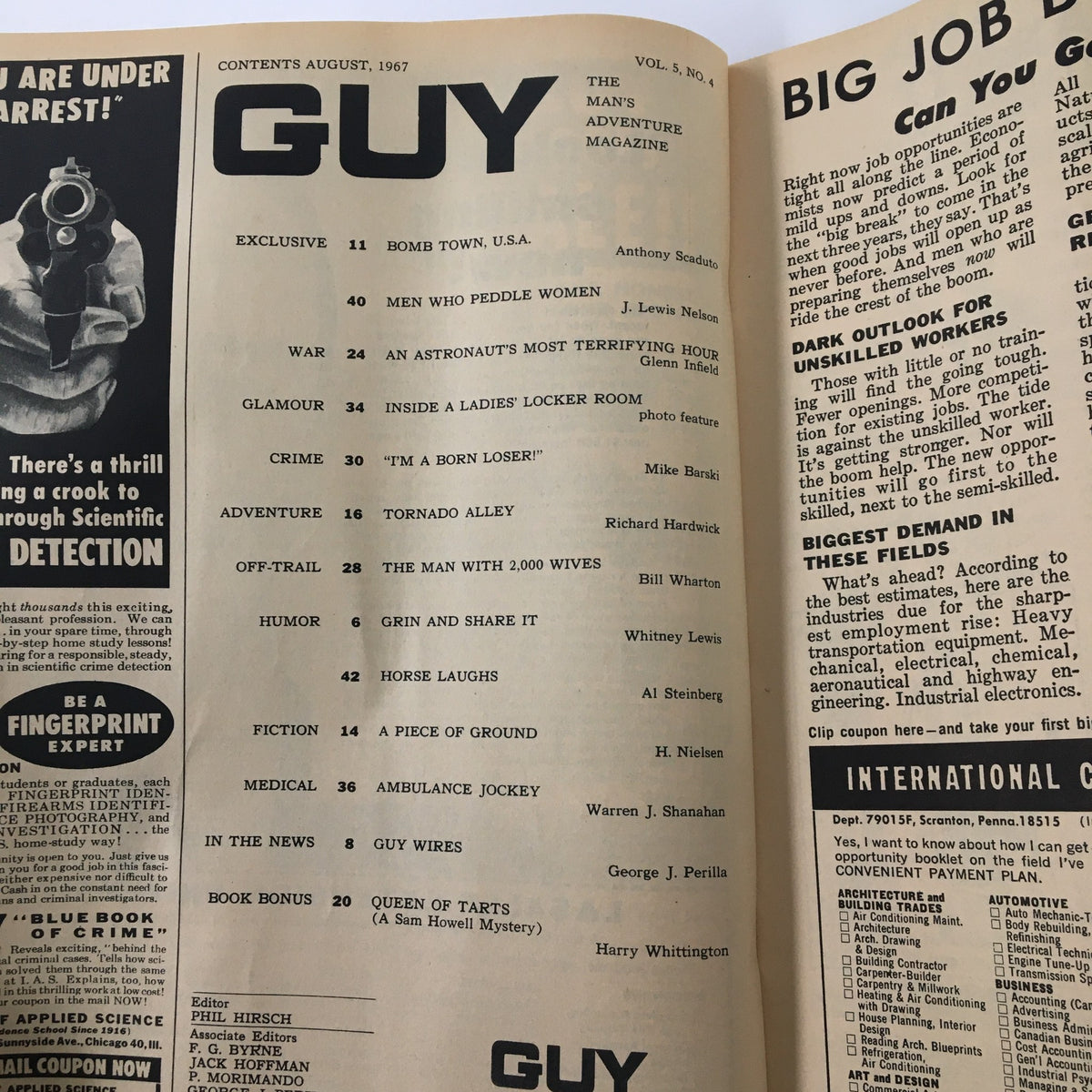 Contents page of VTG Guy Magazine August 1967, featuring articles including 'An Astronaut's Most Terrifying Hour' and topics on adventure and humor in a vintage style.