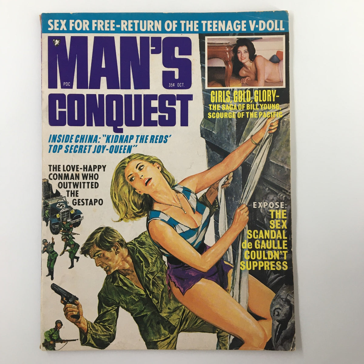 Cover of VTG Man's Conquest Magazine October 1968 featuring articles on geopolitical topics including 'Inside China' and 'Kidnap the Reds', with vibrant graphics and images of characters from the era.
