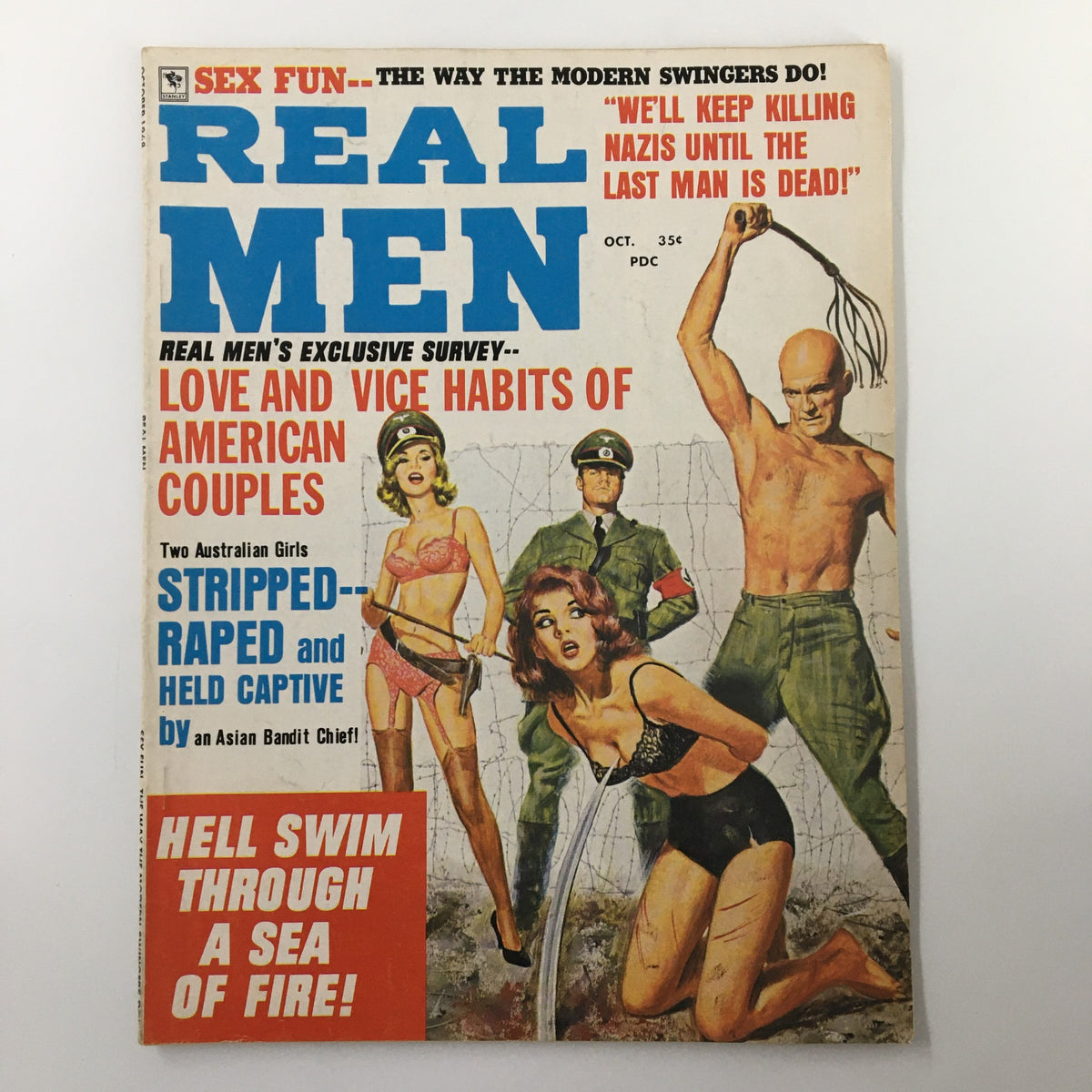 VTG Real Men Magazine October 1968 cover featuring articles on love and vice habits of American couples, showcasing vintage illustrations and bold red and blue typography.