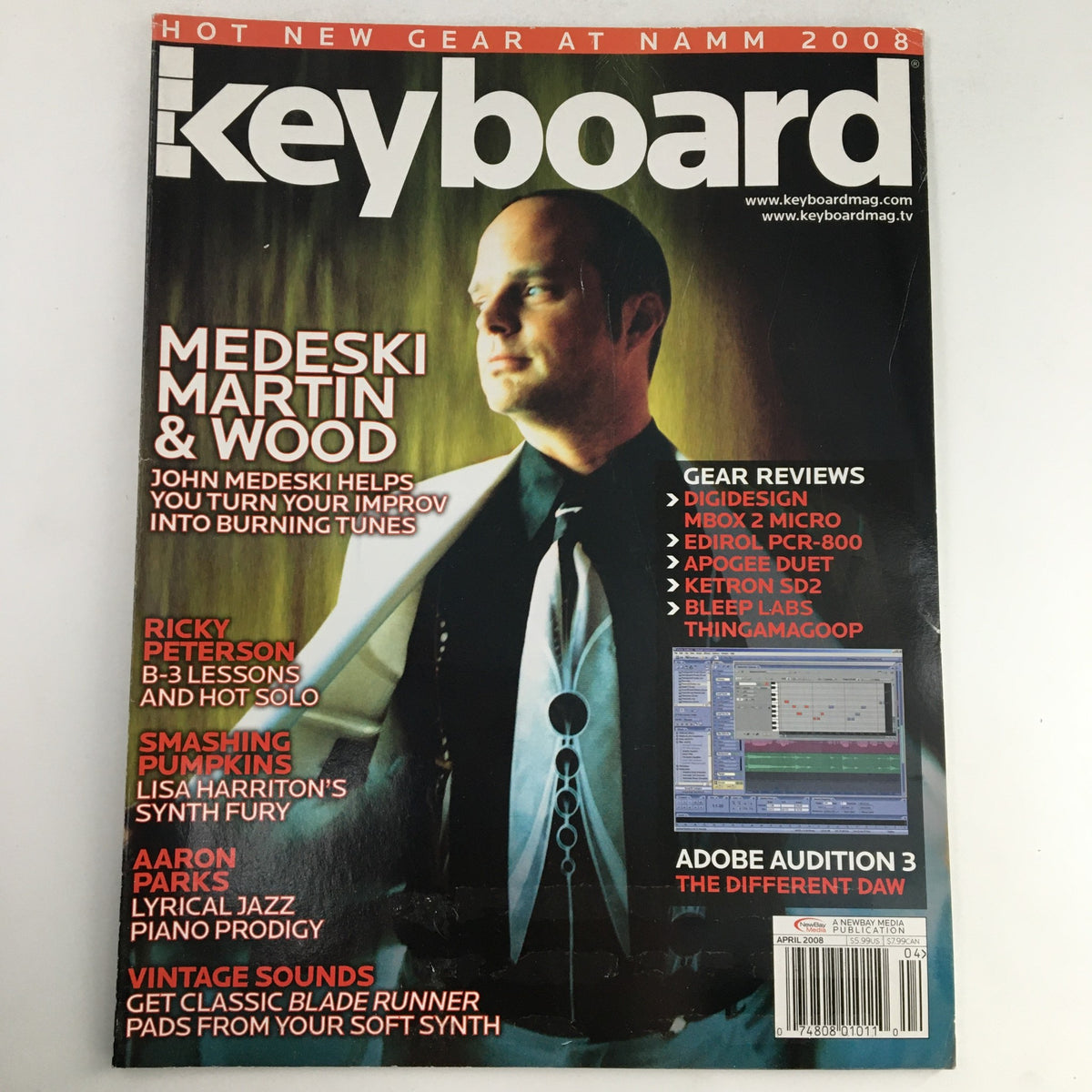 Cover of Keyboard Magazine April 2008 featuring Medeski Martin & Wood, along with highlights from Ricky Peterson and Lisa Harriton. The magazine showcases insights on music gear from NAMM 2008 and includes artist interviews and musical innovation commentary.