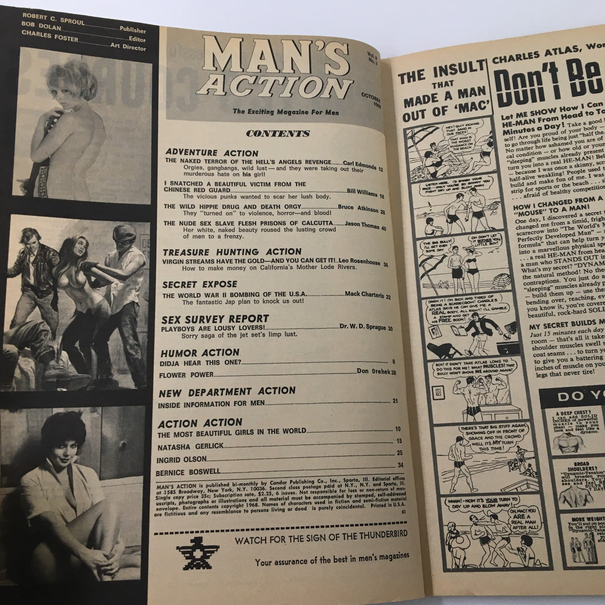Interior page of VTG Man's Action Magazine, October 1968, showcasing the table of contents including features on 'Adventure Action,' 'Treasure Hunting Action,' and 'Sex Survey Report' within a classic mid-20th century design.