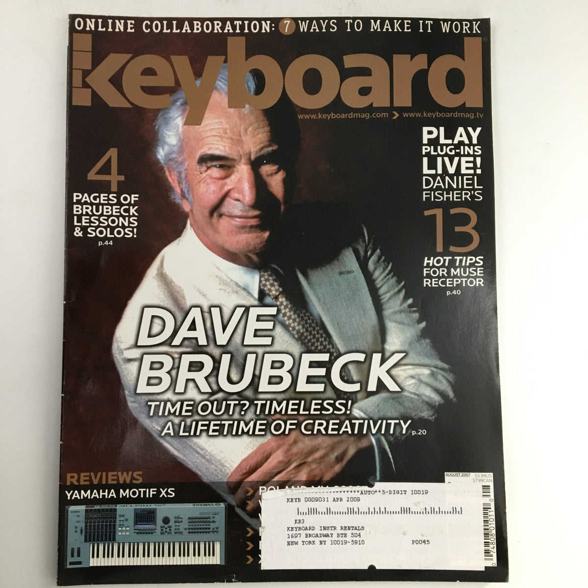Cover of Keyboard Magazine August 2007 featuring Dave Brubeck, showcasing lessons, solos, and an article on the Yamaha Motif XS, highlighting Brubeck's timeless creativity.