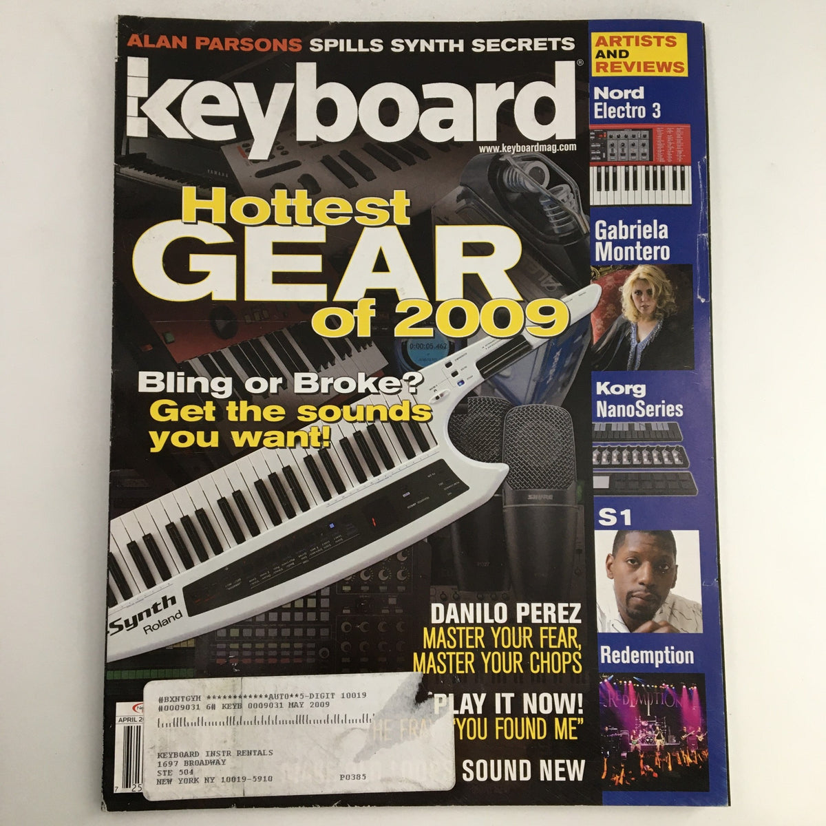 Keyboard Magazine April 2009 issue cover featuring Gabriela Montero, Korg Nano Series, and Hottest Gear of 2009 with musical instruments showcased.