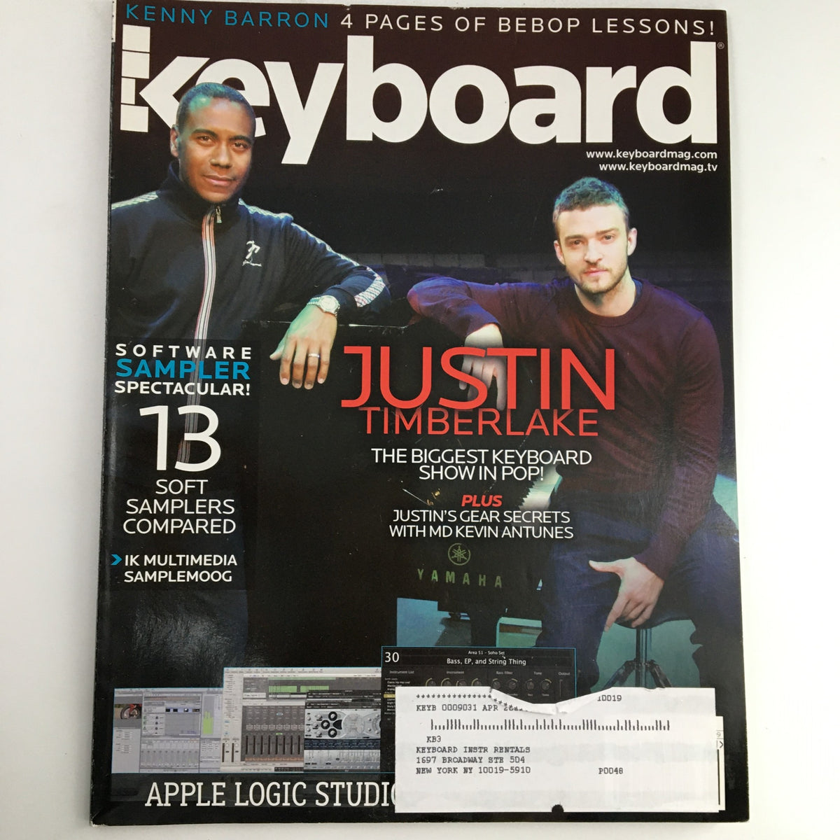 Keyboard Magazine January 2008 featuring Justin Timberlake and Kenny Barron with a focus on bebop lessons. Cover includes images of the artists and highlights of the magazine's content.