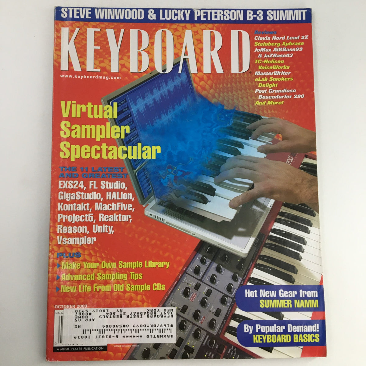 Keyboard Magazine October 2003 featuring Steve Winwood and Lucky Peterson on the cover, showcasing the B-3 Summit and highlighting virtual sampler technology.